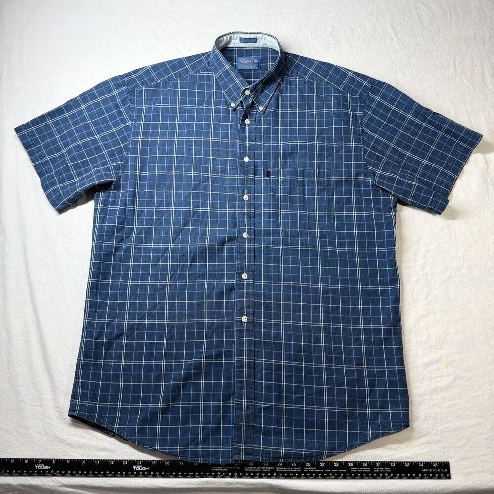 Pendleton Woolen Mills Blue Plaid 100% Cotton Short Sleeve Shirt Men Large